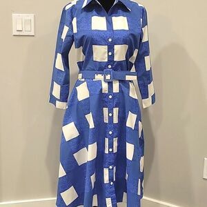 Samantha Sung Blue Patterned Dress Cotton,size 10